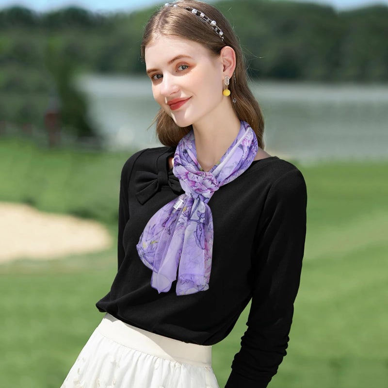 E-Clover هيرباي - وشاح نسائي مزخرف بالزهور الفريدة: وشاح مطبوع بأزهار وطيور من الشيفون لحفلات الزفاف، شال، هدية للمواعدة، هدية يوم الأم باللون الأرجواني والأصفر - Image 3